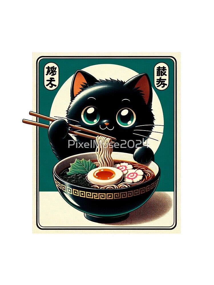Kawaii Black Cat Eating Ramen Japanese Noodles Retro Style Cute Anime Food Art Print Adorable Kitty with Big Eyes Wall Decor by PixelMuse2024