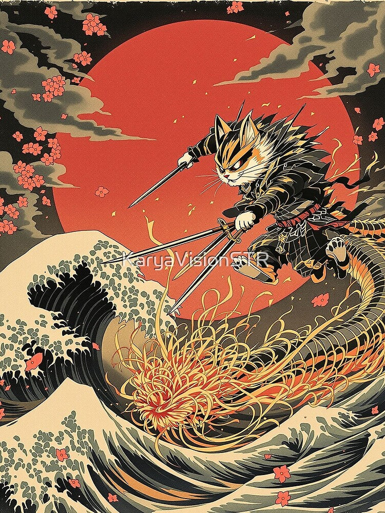 Samurai Cat Slicing Noodle Dragon – Retro Japanese Ukiyo-e Art by KaryaVisionSTR