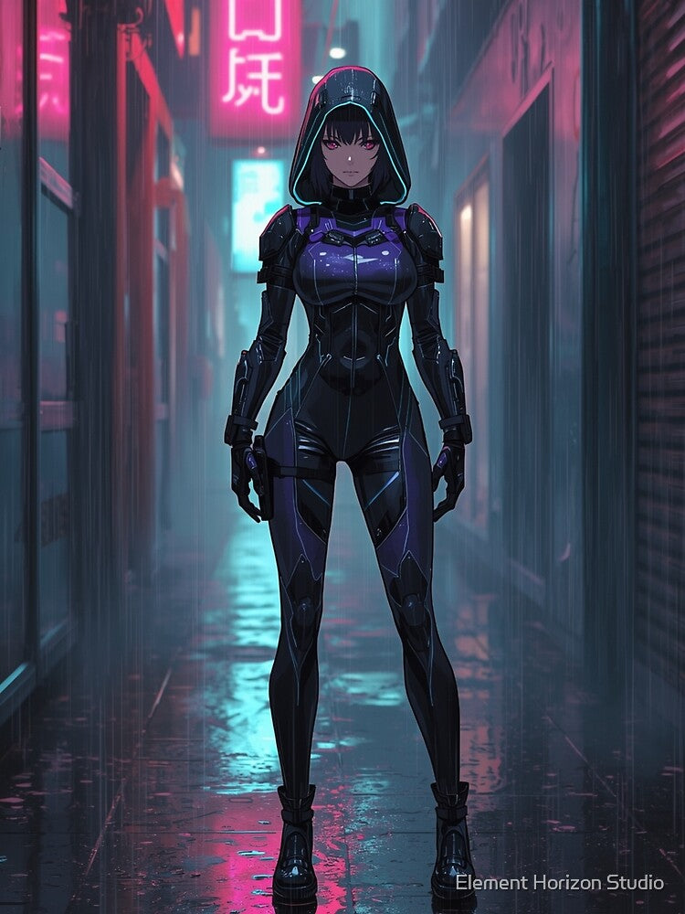 Hooded Cyberpunk Operative in Neon Alley Anime Sci-Fi Night Art by Element Horizon Studio