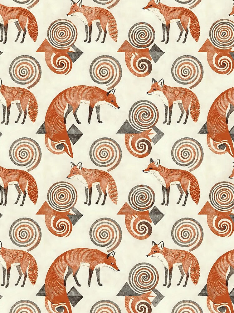 Folk Fox Seamless Pattern — Rustic Linocut Red Foxes & Spirals by Soulharmony