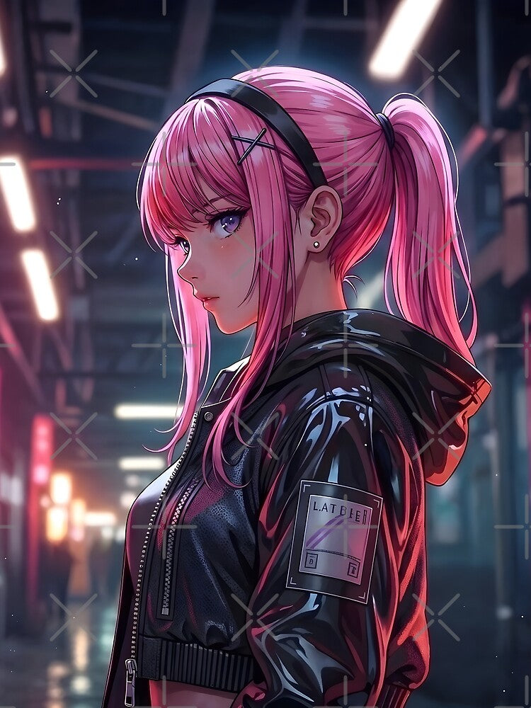 Pink Haired Cyberpunk Girl Neon City by D6rkT3chDemon