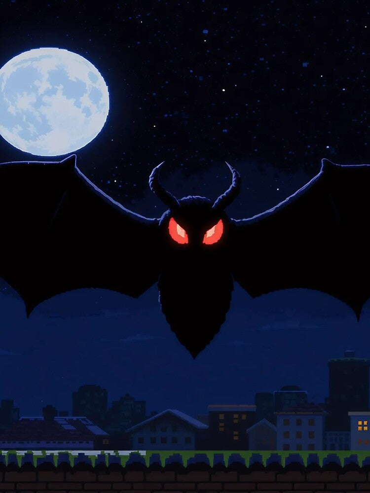 Pixel Mothman Flying Over Rooftops – Retro Arcade Night Scene with Glowing Red Eyes & Moonlit Sky by Emmachenn / WineDronk Shop