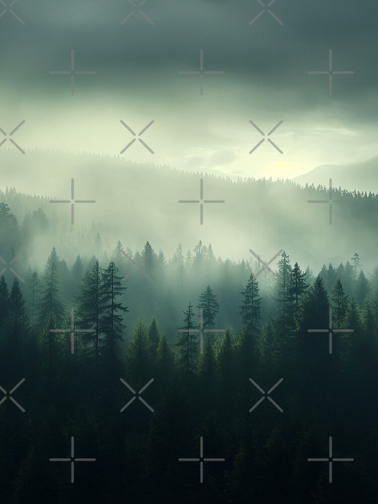 Misty Pine Forest Landscape, Moody Green Mountain Fog, Dark Green Nature by CharmedVille