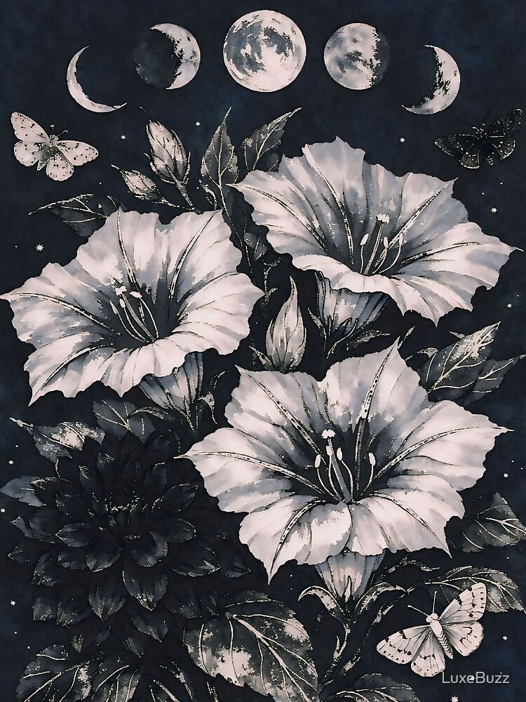 Moonlit Botanical Dark Floral Moon Phases Night Art by LuxeBuzz