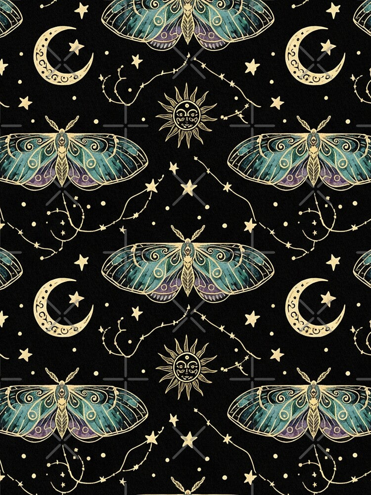 Celestial Lunar Moth Seamless Pattern, Boho Moon and Stars Wallpaper Print, Mystical Night Sky Surface Design by SezzyDesigns