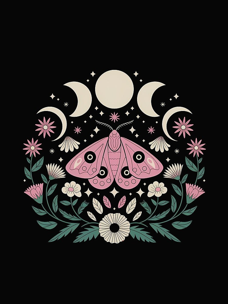 Dark girly pink moth with moon phases  - lunar florals wild flowers composition gothic feminine girlie night celestial by Fantasy Cache