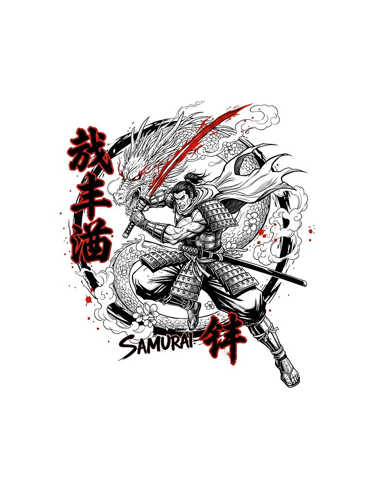Japanese Samurai Warrior & Dragon - Ink Style Anime Katana Art by Latikshop