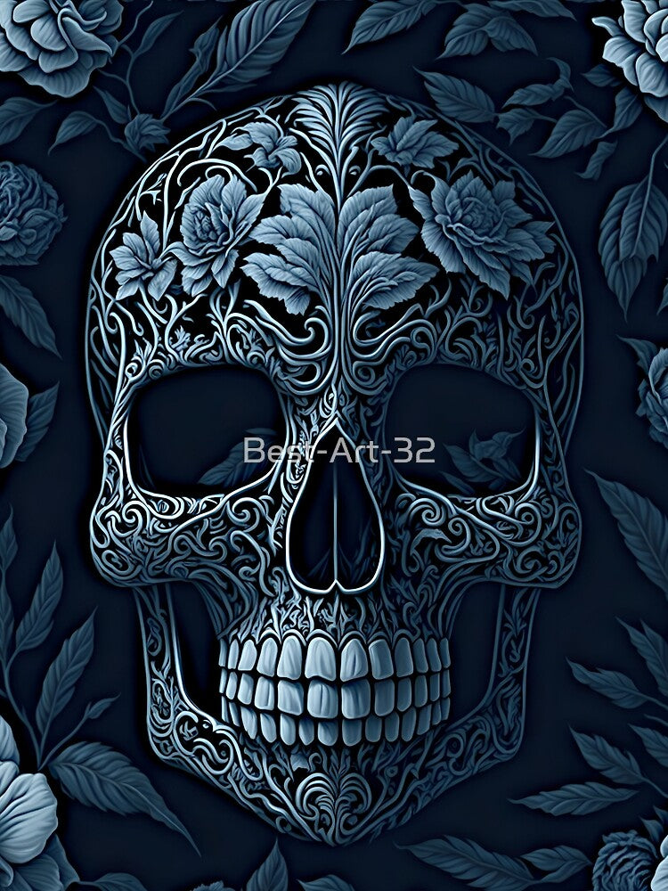 "Floral Elegance Meets Macabre: Seamless Skull-Face Artwork Pttern" by Best-Art-32