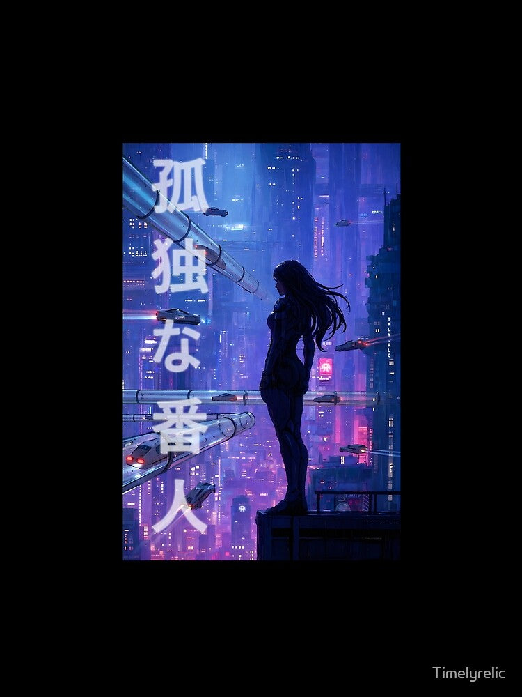 Lone Guardian — 孤独な番人 Cyberpunk City Rain Japanese Art Print by Timelyrelic
