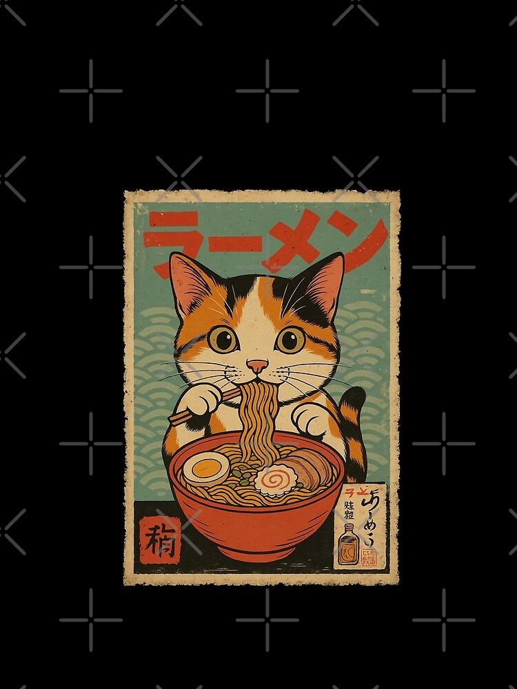 Calico Cat Ramen Vintage Japanese Cute Retro Noodle Art by Damcoc