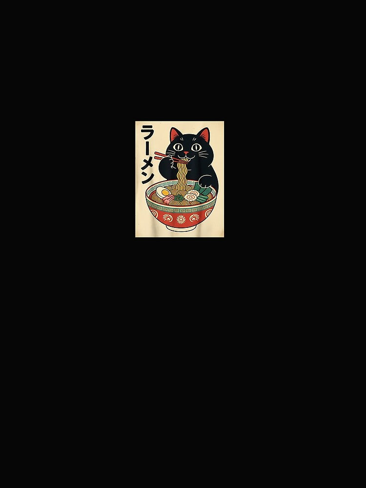 Retro Anime Kawaii Black Cat Eating Ramen Noodles Bowl Soup by SWEET-TINAPAY