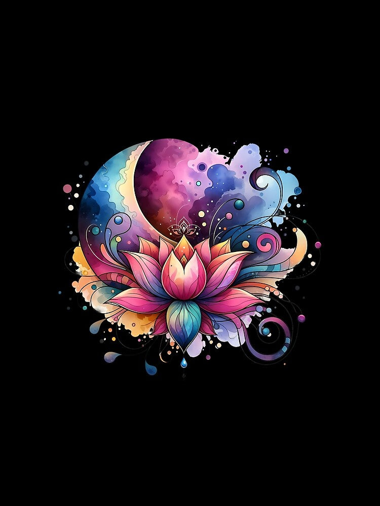 Watercolor Lotus Moon - Black by FoxfireStardust