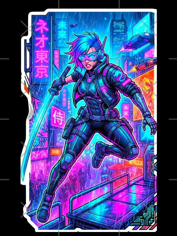 Cyberpunk Samurai Neon Future City Warrior Sticker by ExploreAura Studio