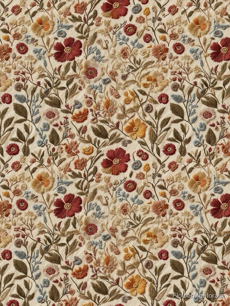 Autumn Botanical Flower Pattern - Faux Embroidery by FlowerMeFlorals