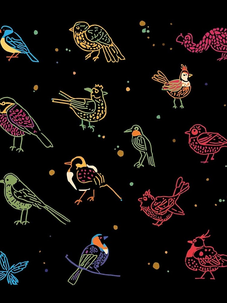 Whimsical Doodle Art Birds Black Background Design by Pink-Blossoms