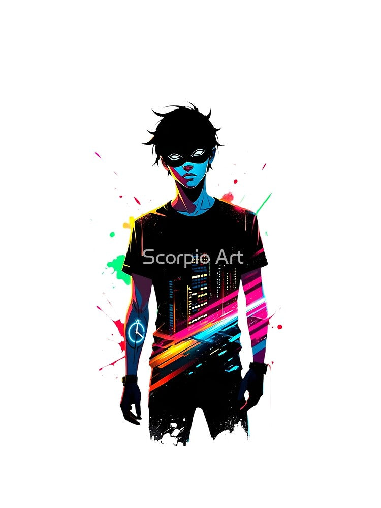 Neon City Phantom: Cyberpunk Masked Figure with Glowing Clock Tattoo & Night Cityscape by Scorpio Art