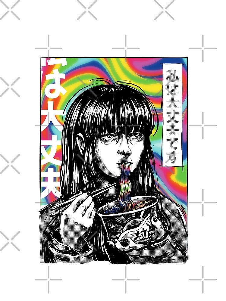 Anime with Rainbow Noodles Japanese girl eating ramen in trippy style by DrawHandArt