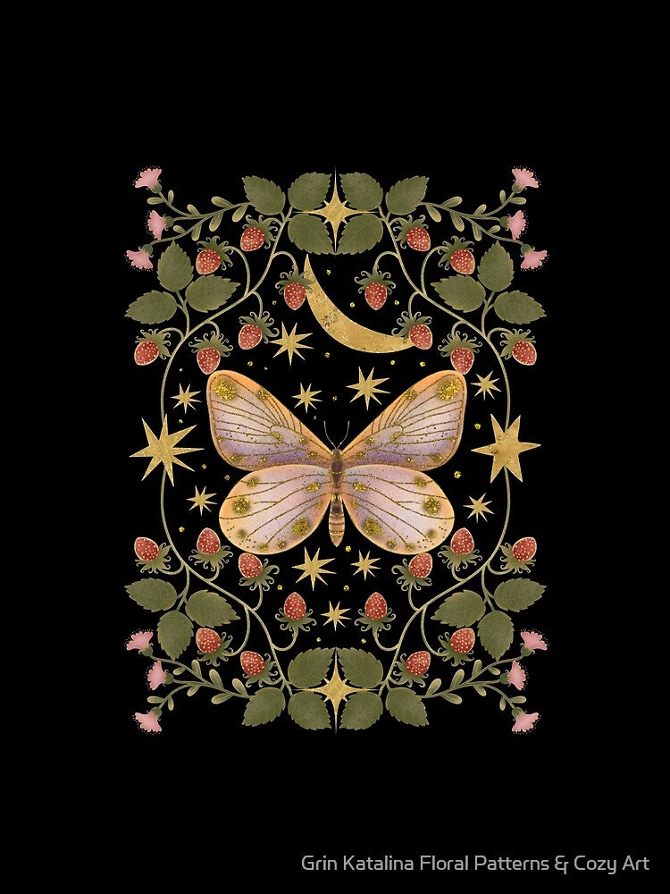 Sa golden butterfly against a background of a golden moon, stars and strawberries by Grin Katalina Floral Patterns & Cozy Art