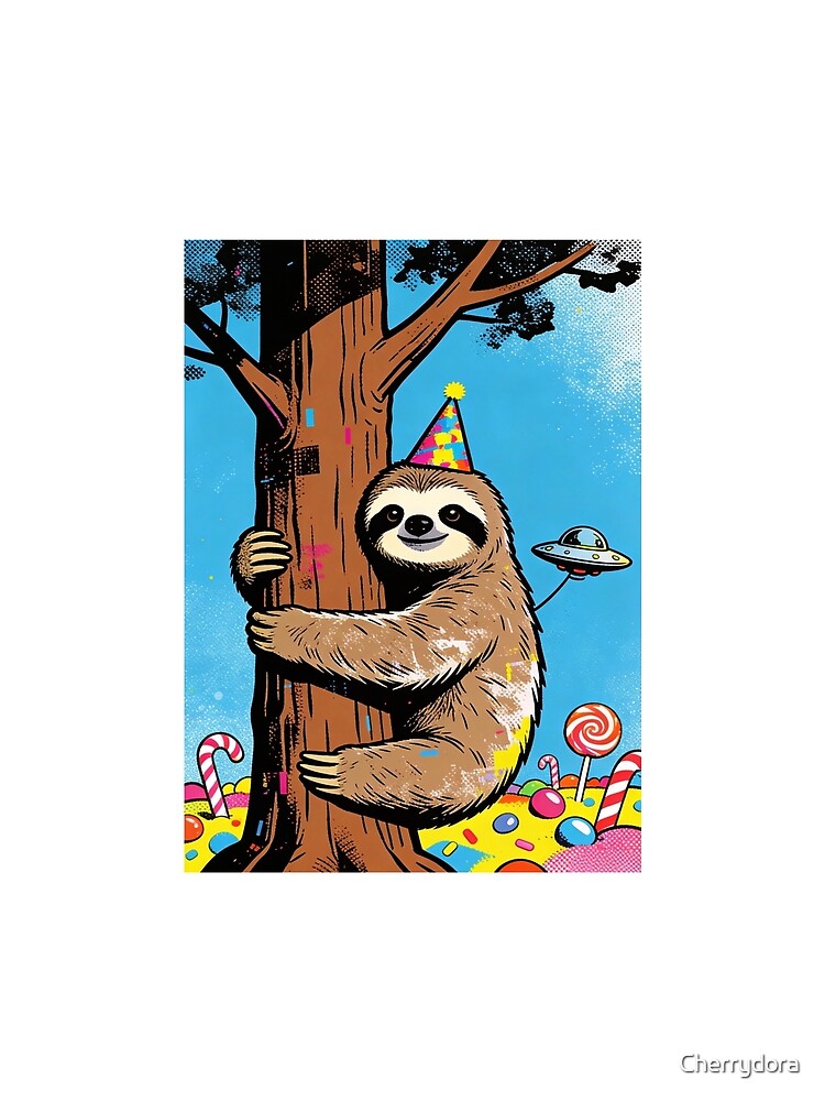 Neon Pop Art Sloth Party Design with UFO and Candy | Retro Halftone Birthday Vibe by Cherrydora