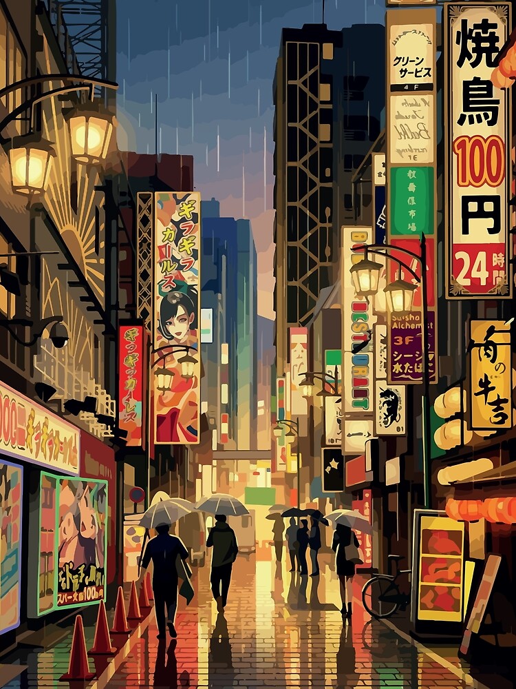 Neon Rain in Tokyo – Night Street Illustration by darekkocurek