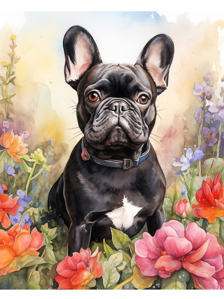 Black French Bulldog in a Flower Garden (watercolor) by Samuelsboro