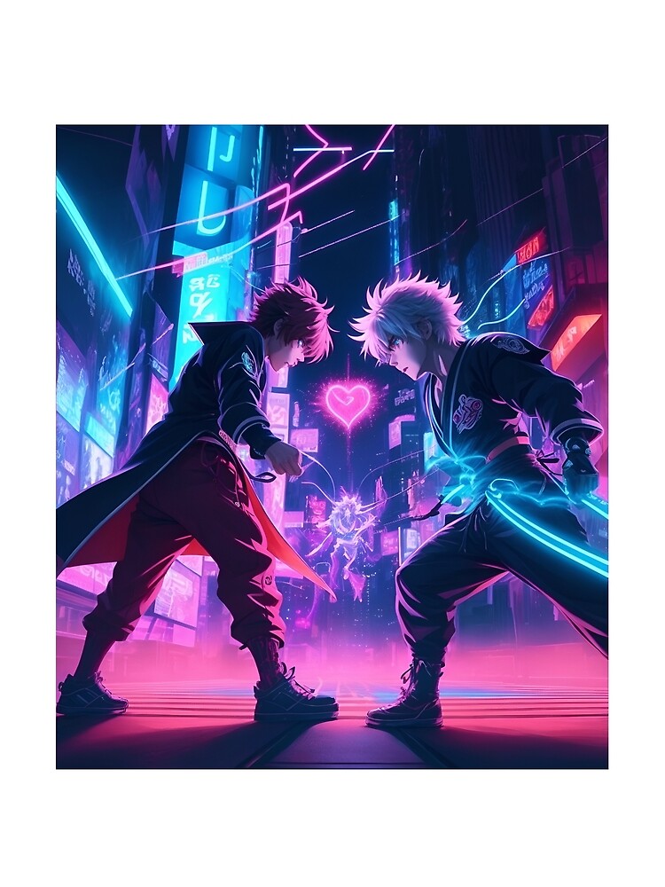 TWO ANIME FIGHTS , NEON CITY , NEON LIGHTS, T-SHIRT DESIGN by AyushAIImage01