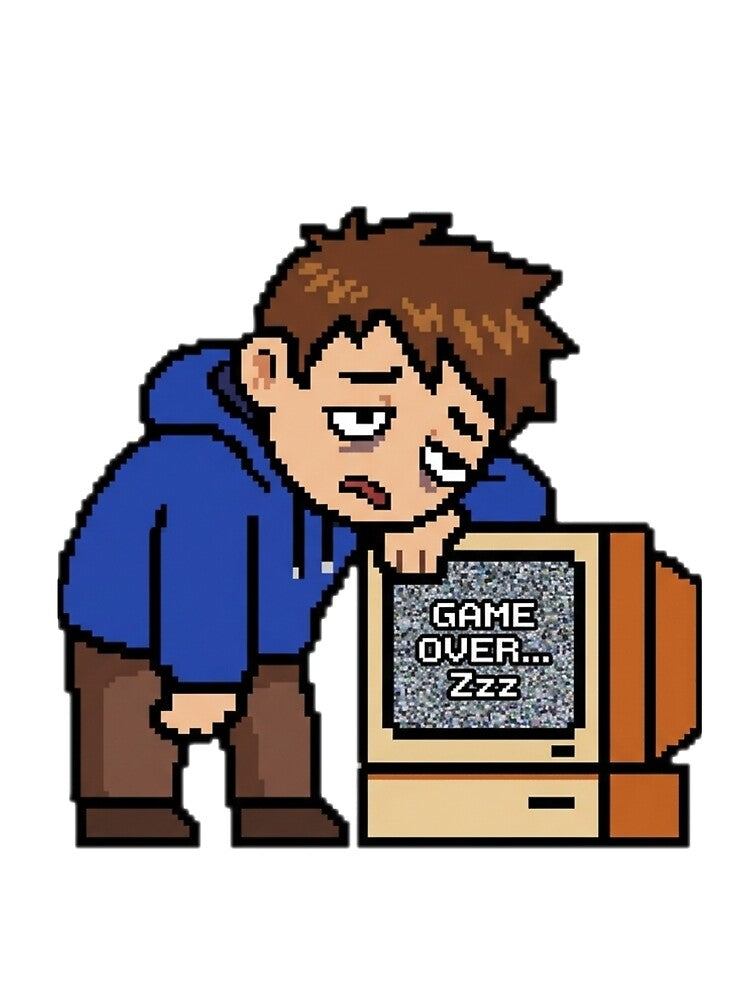 Pixel Burnout Gamer – Retro Arcade Exhausted Meme by ChaosNest