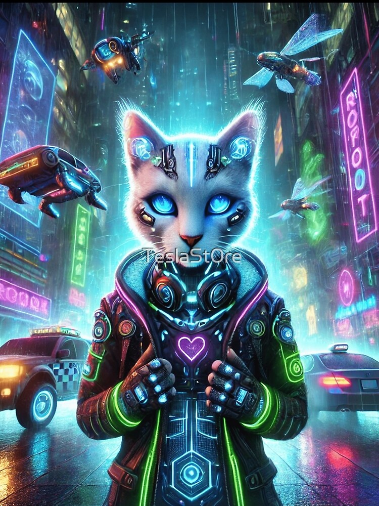 Cyberpunk Cat in Neon Cityscape by TeslaSt0re