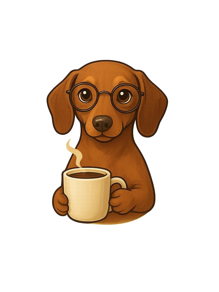 Cute Dachshund Coffee Lover T-Shirt – Funny Sausage Dog with Glasses Holding Coffee Cup, Adorable Morning Dog Art Tee for Dog Moms & Dads by E-Stores