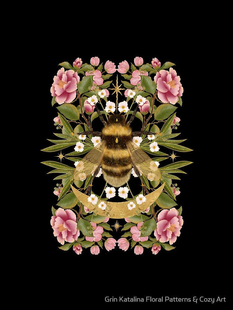 Magical symmetrical illustration featuring a fluffy bumblebee surrounded by soft pink roses, green leaves, and golden crescent moons. A delicate print celebrating vintage magic and nature. by Grin Katalina Floral Patterns & Cozy Art