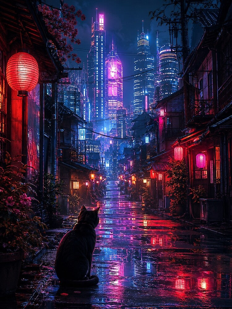Neon Cat in the Rainy Cyber Alley by DrizzyV