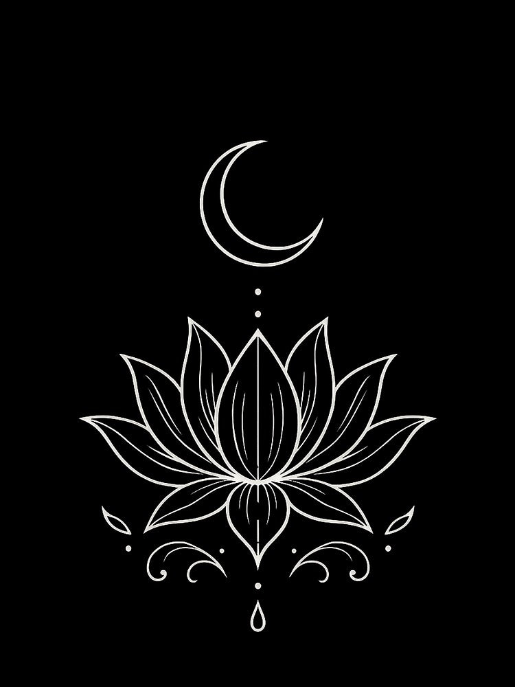 Moon Lotus Line Art – Minimalist Spiritual Flower with Crescent Moon by Mouraludia
