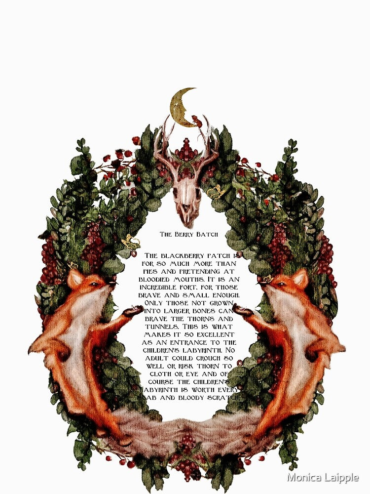 The Berry Path: A Cottagecore Watercolor frame of blackberries, leaping foxes, golden butterflies around classic typography dark academia poem by Monica Laipple