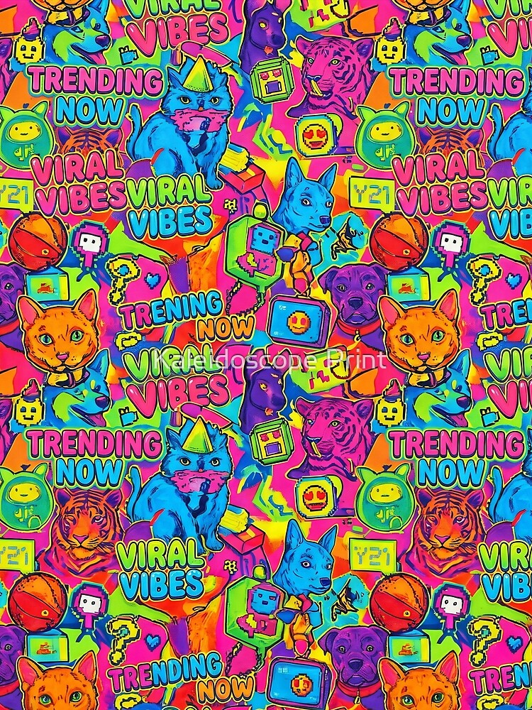 Viral Vibes Sticker Bomb Pattern – Neon Y2K Animals and Internet Pop Art Print by Kaleidoscope Print