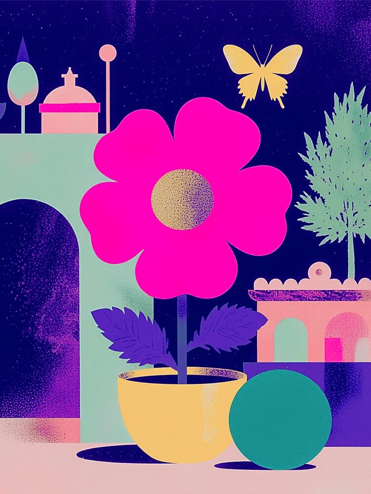Neon Bloom in the Deep Blue Garden: Pink and Yellow Magic by joycrysstudio