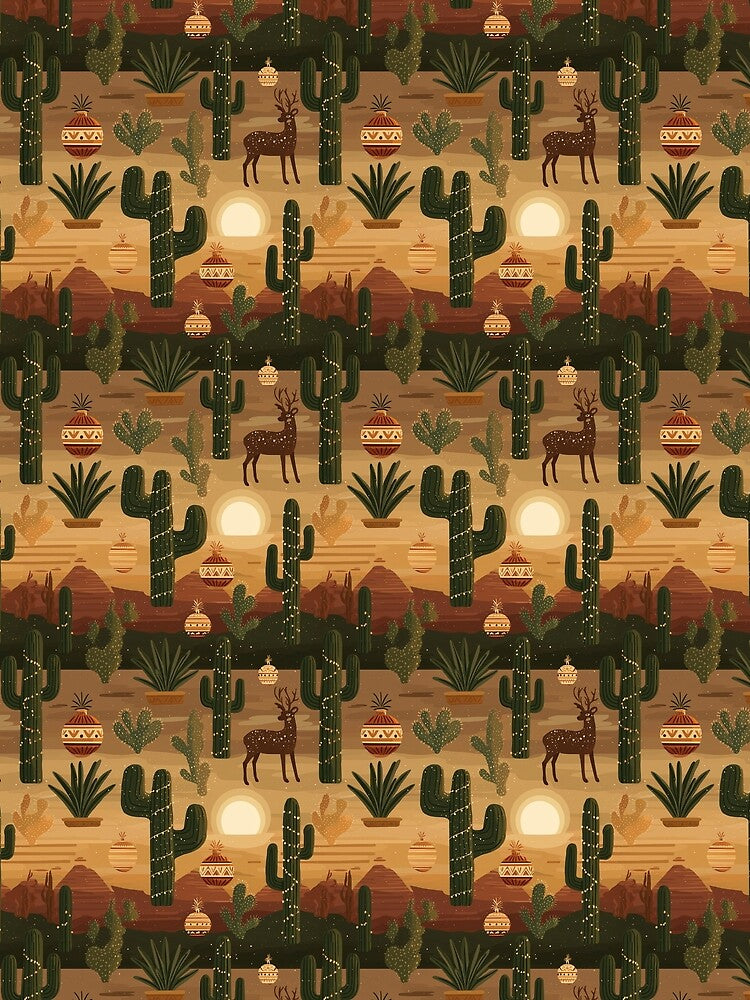 Cacti, Ornaments and Tiki Charm in Red, Tan & Green – Sunset Baubles by The Print Parlor
