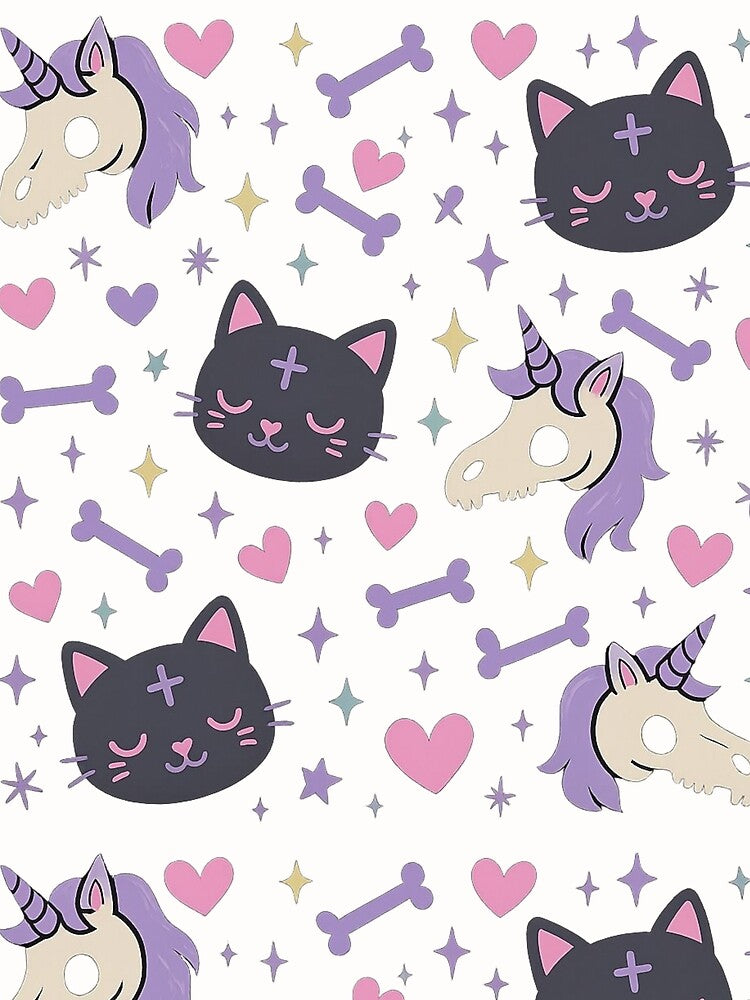 Pastel Goth Cats & Unicorn Skulls Pattern by CohesionStudios
