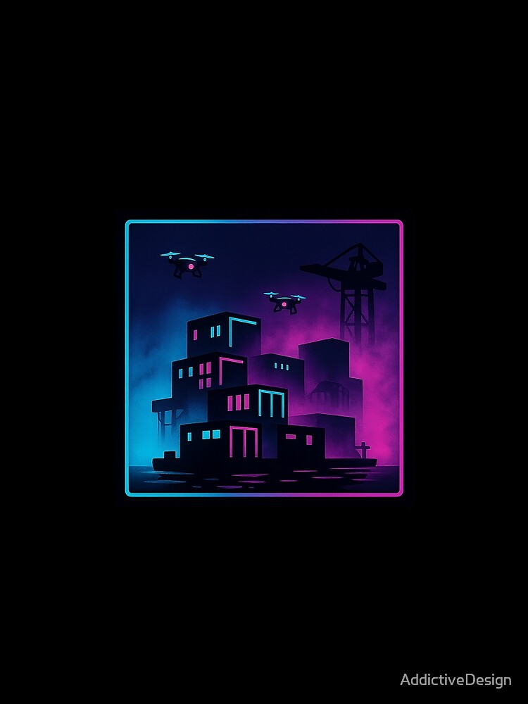 Neon Dock Drones – Cyberpunk Industrial Harbor Scene by AddictiveDesign