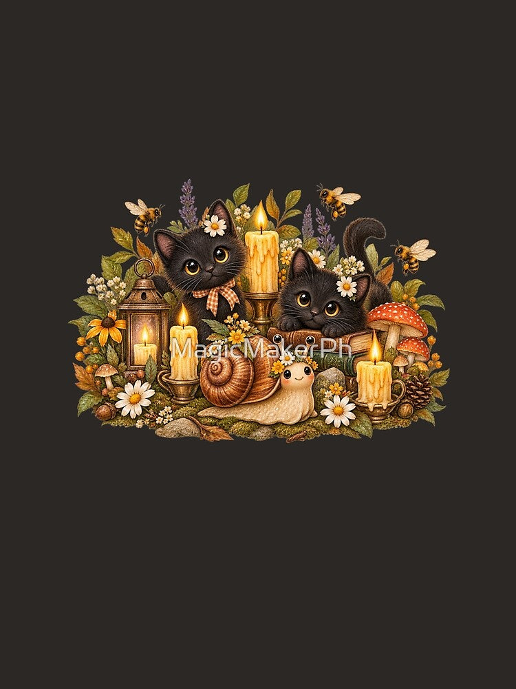Cottagecore Garden Snail Halloween Watercolor Art – Black Cats & Candles Print by MagicMakerPh