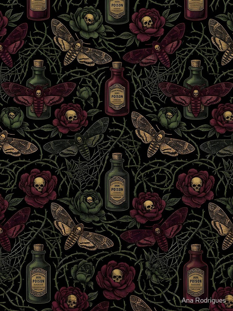 Dark Academia Gothic Garden & Skull Moth Pattern by 0Zetgest