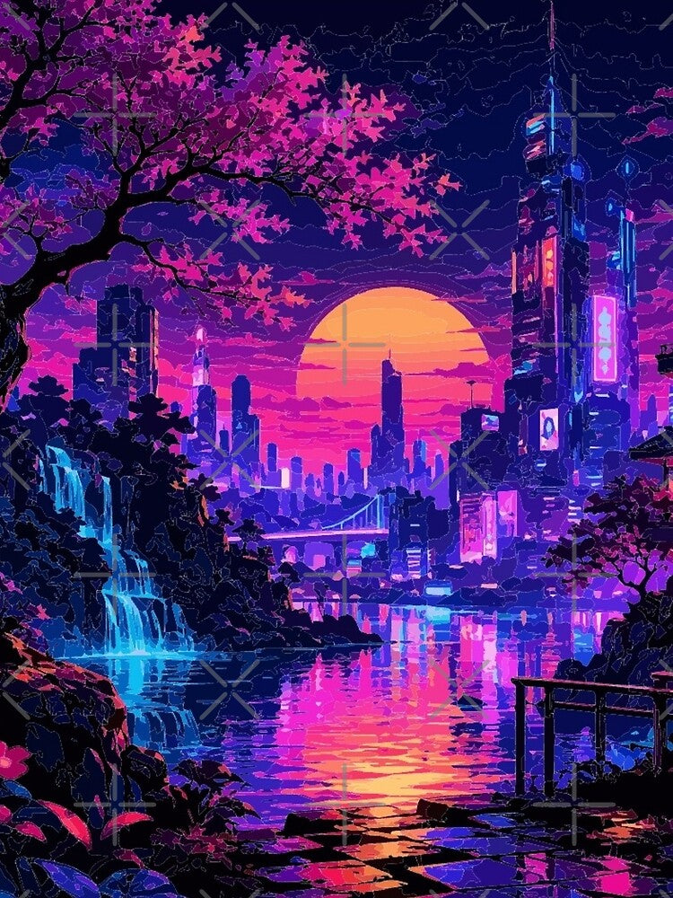 Cyberpunk Neon Sakura Cityscape | Futuristic Skyline with Waterfall | Synthwave Sunset Digital Art by Nexus Space
