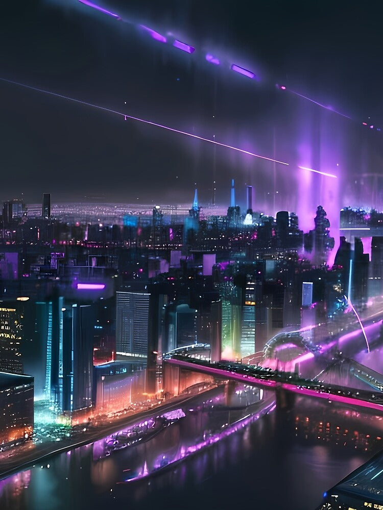 Futuristic Neon City Skyline | Cyberpunk Sci-Fi Cityscape Artwork by ArtscapeProductions