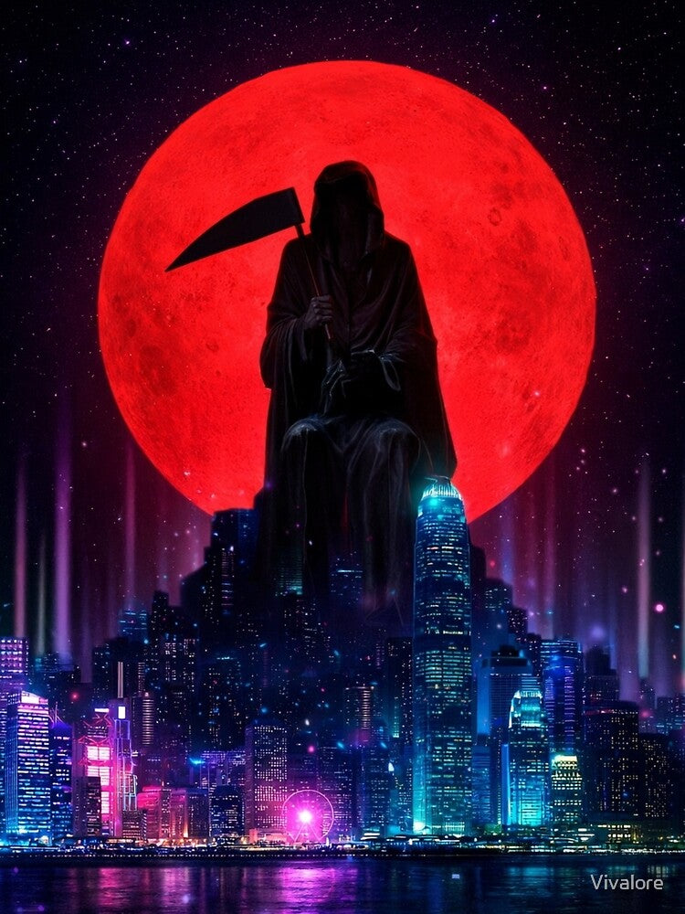 Cyberpunk Moonfall – Neon Figure Over Futuristic City by Vivalore