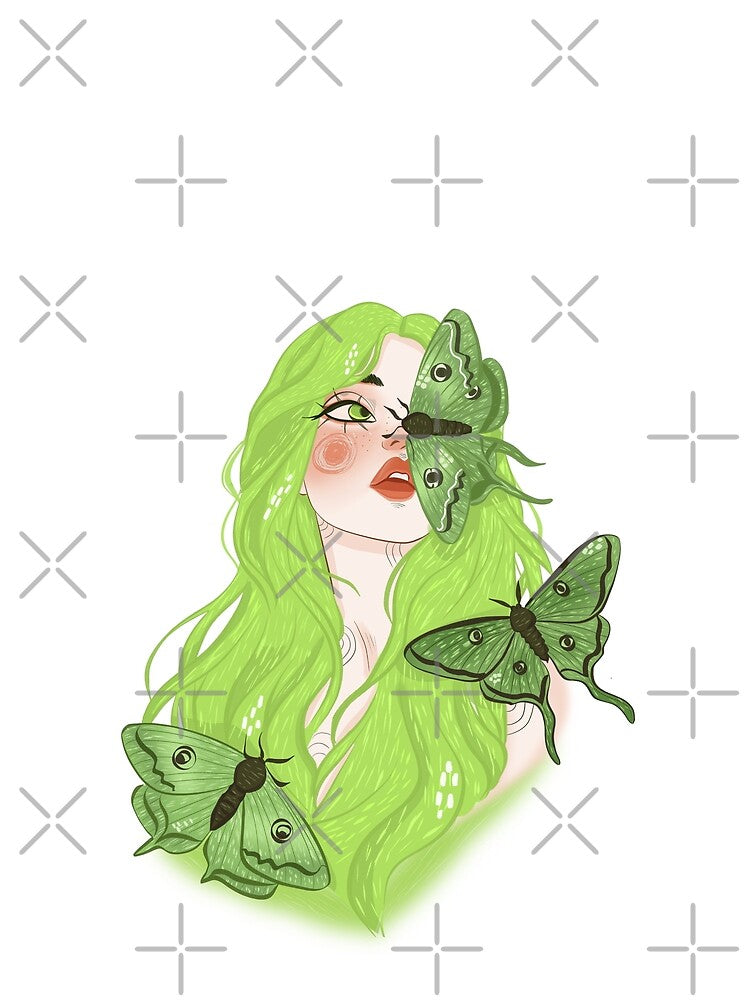 Green Mystic Woman with Lunar Moths by Iqrapixels