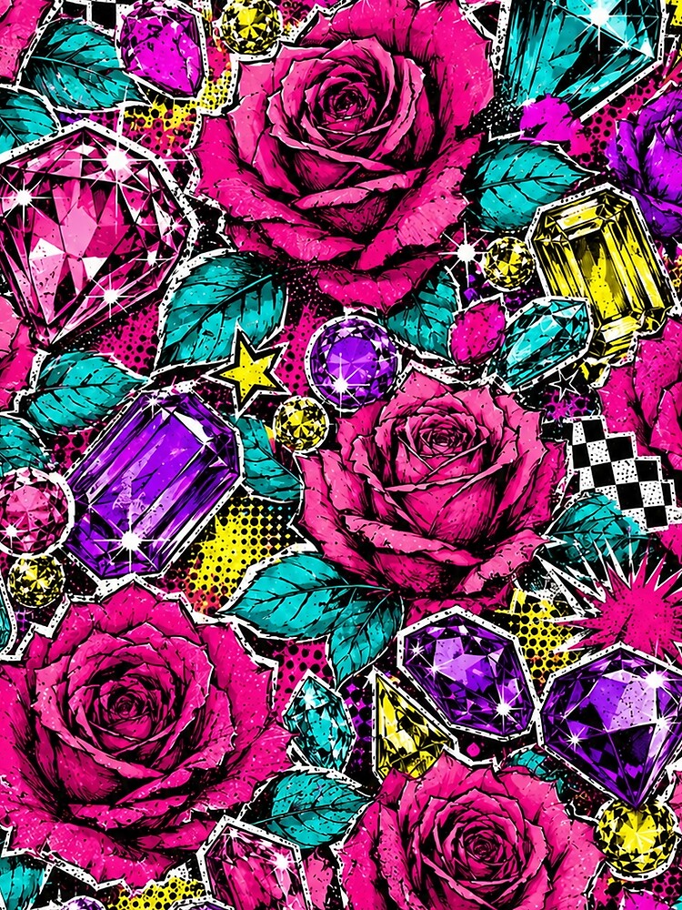 Colorful Pop Art Roses and Jewels Floral Print by BeJolley
