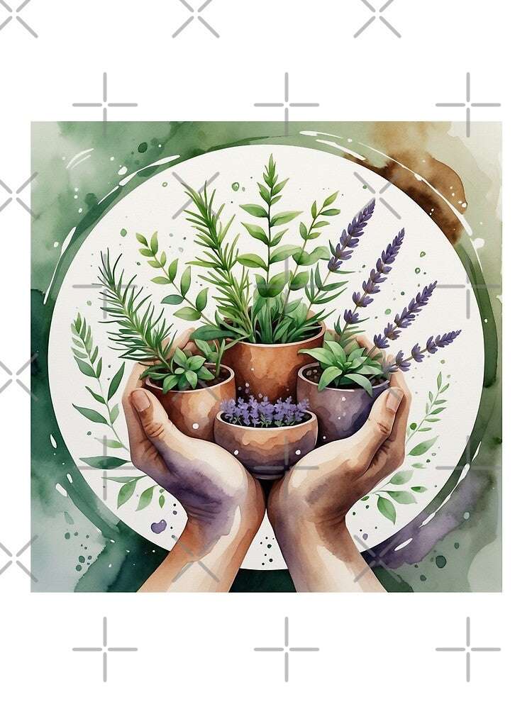 Watercolor Herb Garden Hands Holding Potted Plants by NuniDesigns