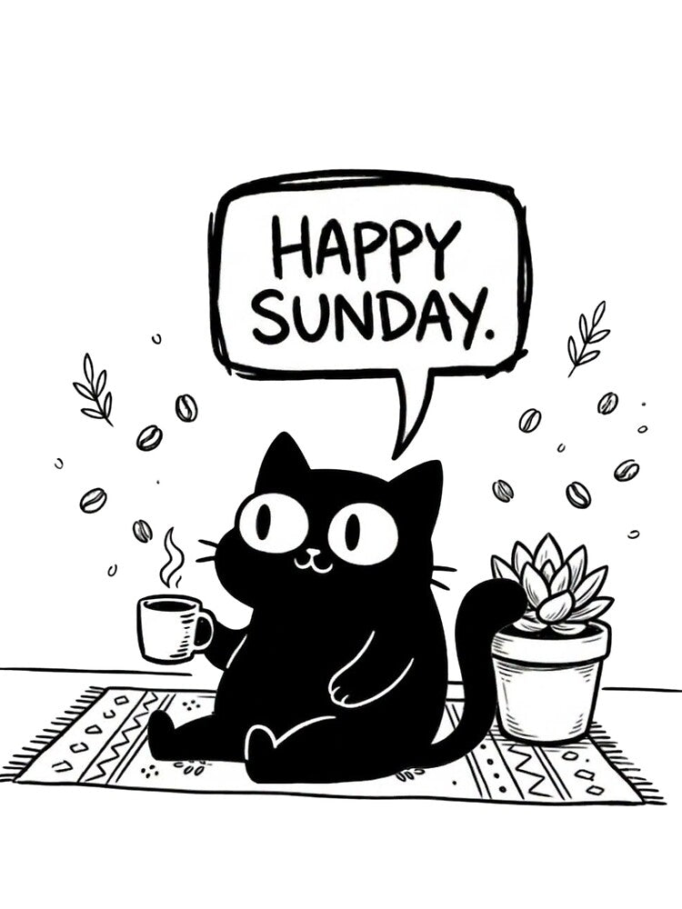 Happy Sunday Cute Black Cat With Coffee by JossDesign15