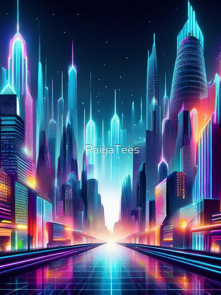 Futuristic Neon Cityscape – Cyberpunk Art by RaiyaTees