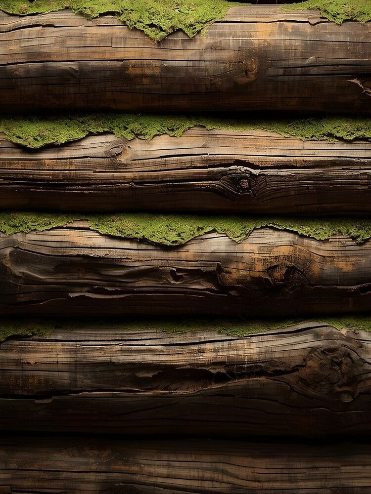 VINTAGE WOODEN LOG CABIN WALL relaxing older wood moss and logs off-grid cabin life hiking camping by Jt41