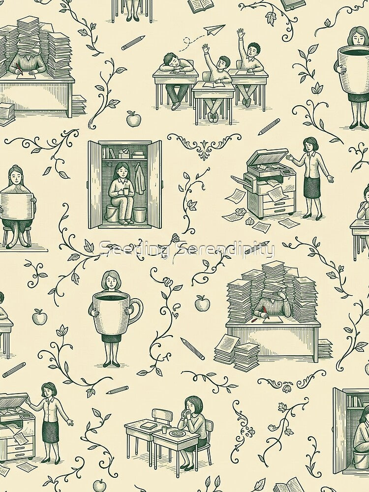 Teacher Chaos Toile de Jouy Pattern in Forest Green by Seeding Serendipity